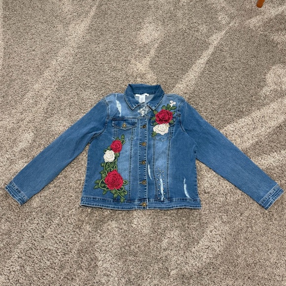 K Jordan Women’s Embroidered Distressed Blue Denim Jean Jacket Size 12 NWOT - Picture 2 of 8